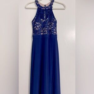 Morgan & Co. Cobalt Blue Lace Halter Gown Dress